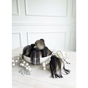 Handmade Green Velvet Christmas Ornaments, Black Fringe, Set of 6, Moody Decor